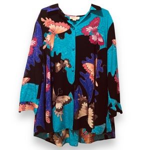 DON MARCELLO 1980s 100% Silk Hand-painted Butterflies Button Front Blouse - LG